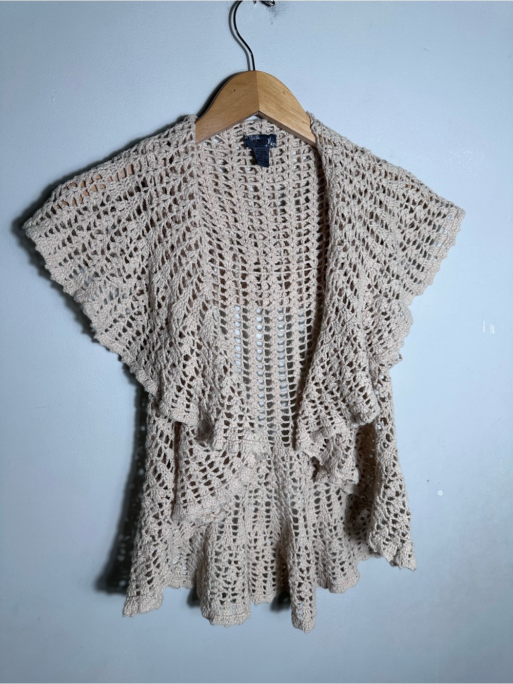 Poetry Open-Knit Ruffle Short Sleeve Crochet Cardigan - Beige